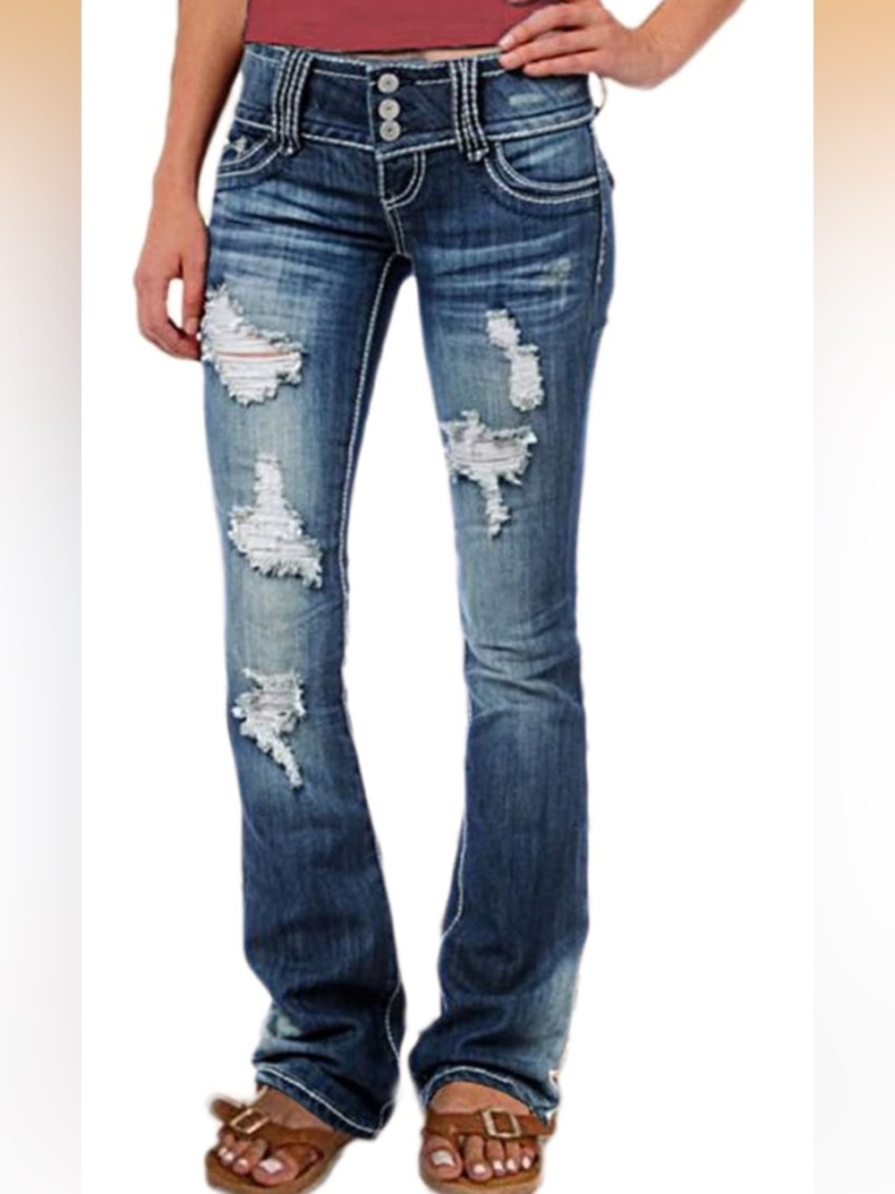 Flamingals Women’s size Large NWT Low Rise Ripped Bootcut Blue Jeans skinny leg